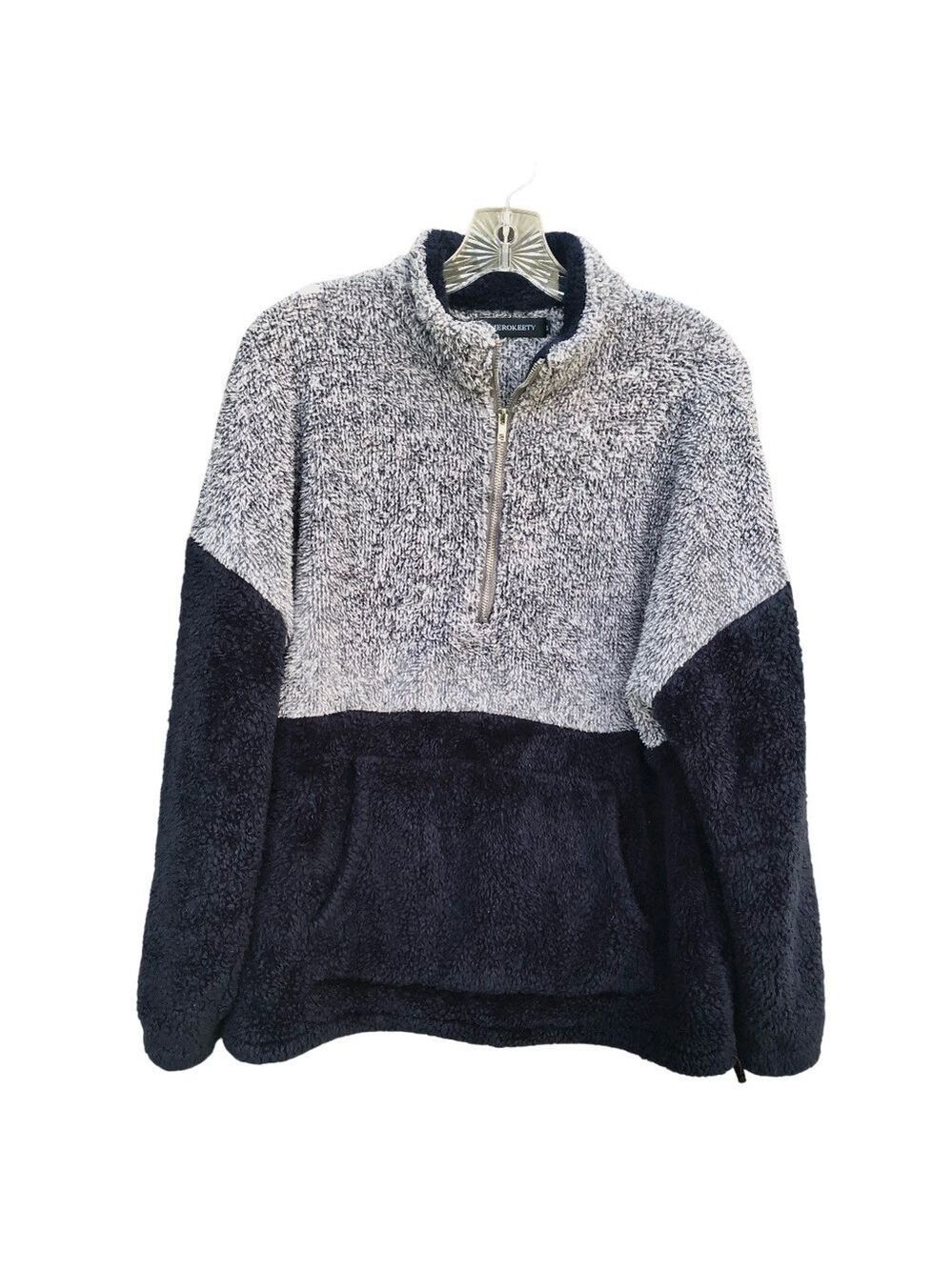 Merokeety Faux Shearling Navy Blue and Gray Pullover Sweatshirt Size M